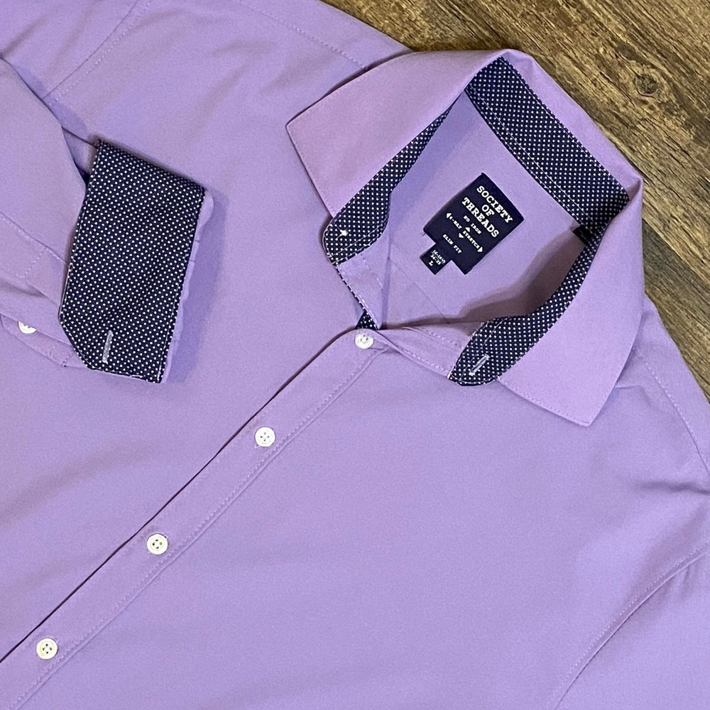 Society Of Threads Lavender Stretch Dress Shirt Men's L Modern‎ Polka Dot Trim